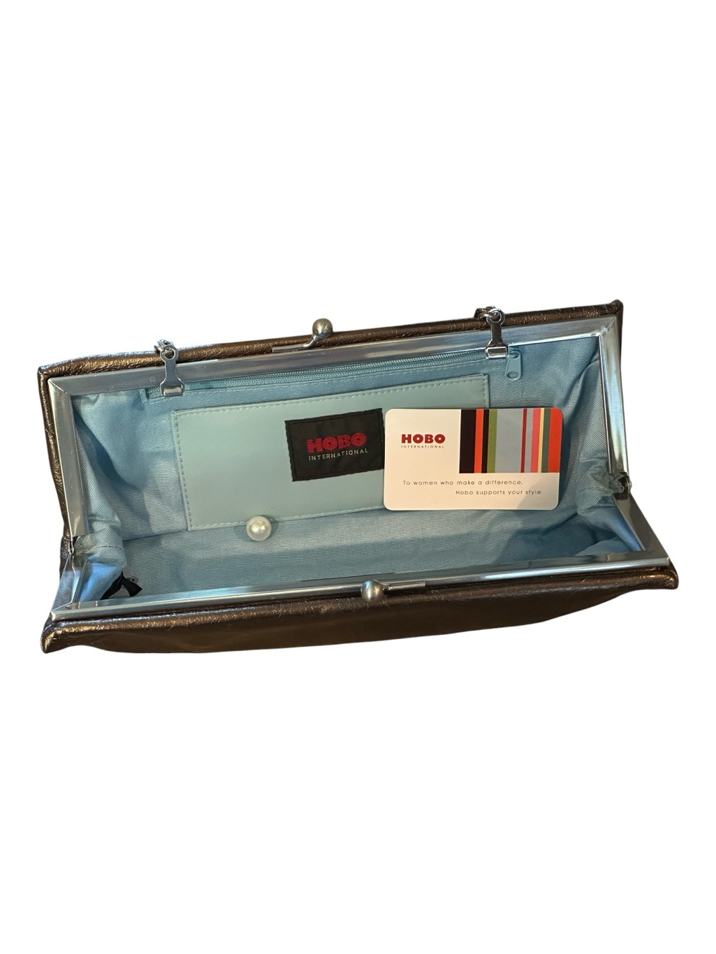 Hobo Metallic Bronze Frame Clutch With Light Blue Interior